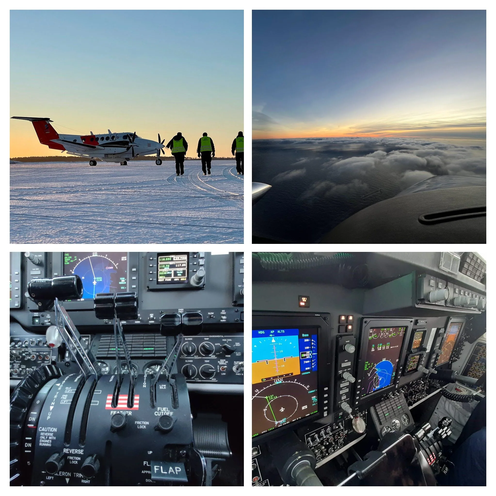 A collage showing a King Air aircraft on a snowy runway and views from inside the cockpit.
